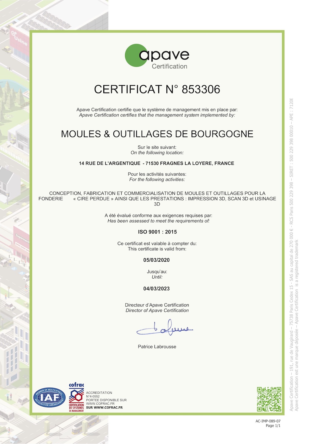 Certificat ISO MOULES ET OUTILLAGES de BOURGOGNE